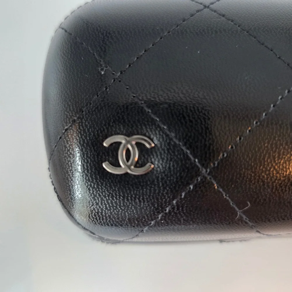 Chanel Black Quilted Caviar Leather Sunglasses Case Silver CC Logo Made in Italy